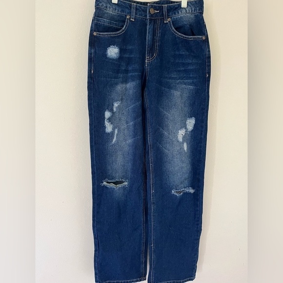 Midiross Women's Ripped Low Waist Straight Leg Jeans Denim Blue Small - Picture 1 of 4